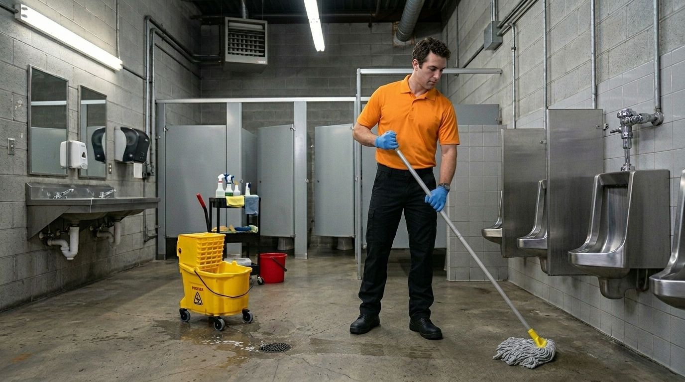 Professional Cleaner Mopping the Floor inside a Warehouse Restroom in Chaska, MN