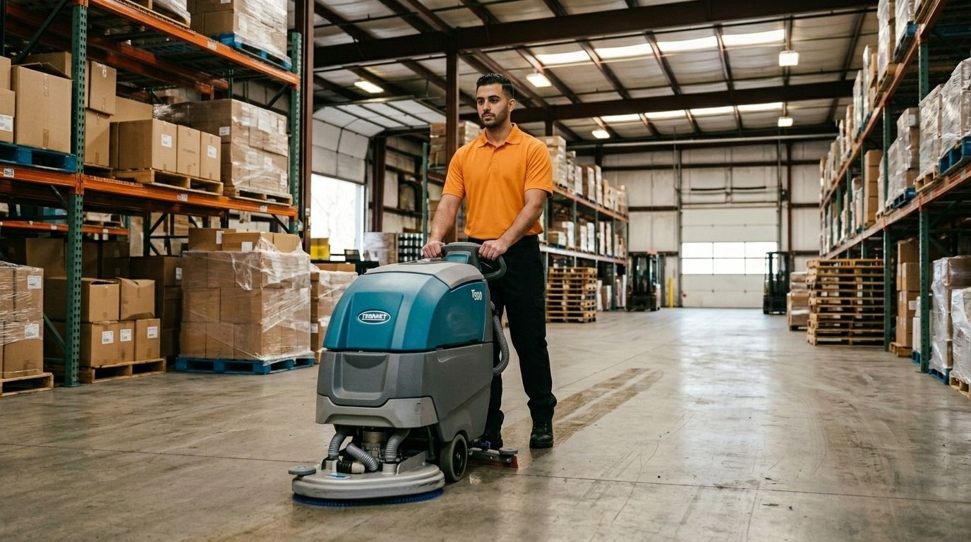 Professional Cleaner Operating a Floor Scrubber on a Warehouse Floor in Chaska, MN