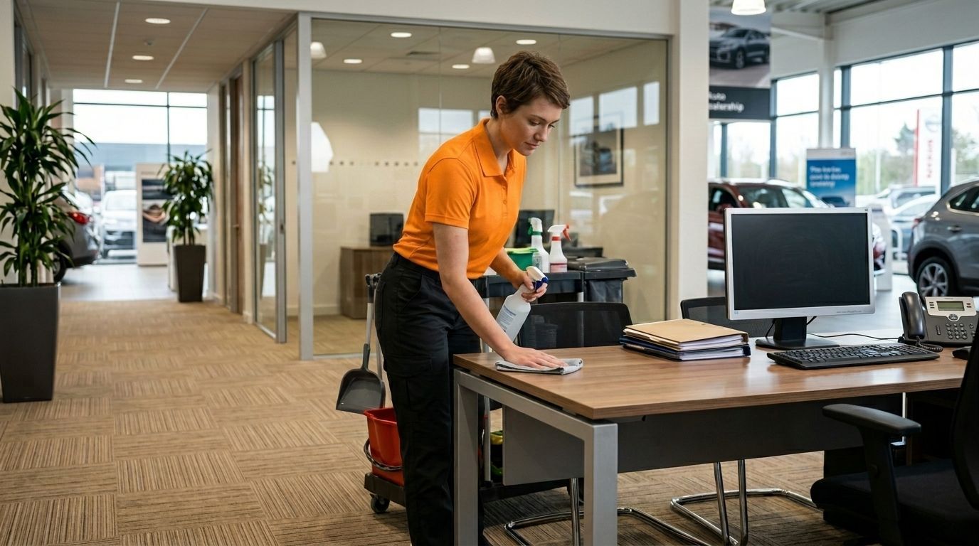 Professional Cleaner Sanitizing an Office Desk inside an Auto Dealership Administrative Area in Chaska, MN