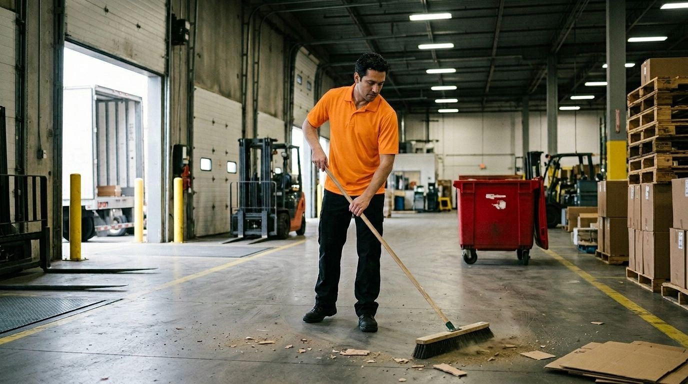 Professional Cleaner Sweeping Cardboard Debris from a Warehouse Floor in Chaska, MN