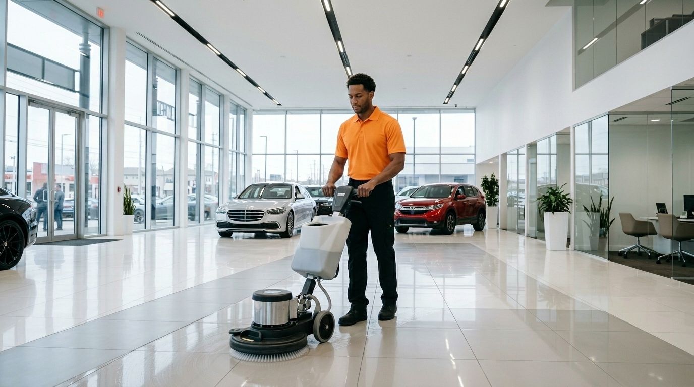 Professional Cleaner Using a Floor Scrubber on a Polished Auto Dealership Showroom Floor in Chaska, MN