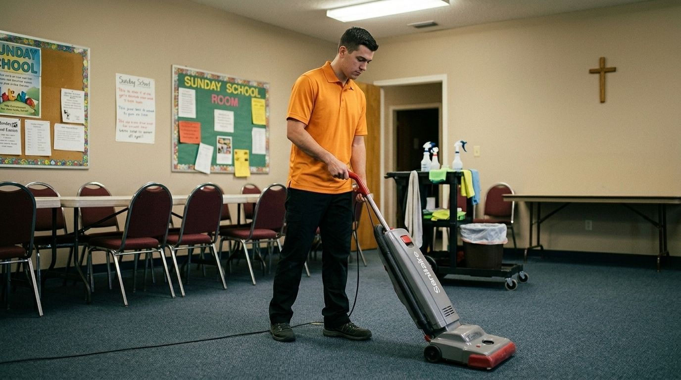 Professional Cleaner Vacuuming Carpet inside a Sunday School Classroom in Chaska, MN