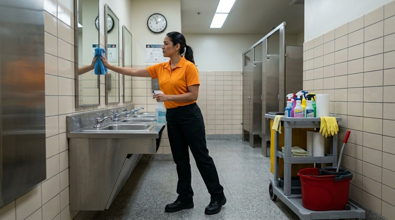 Professional Cleaner Wiping Restroom Mirrors inside a School Facility in Chaska, MN