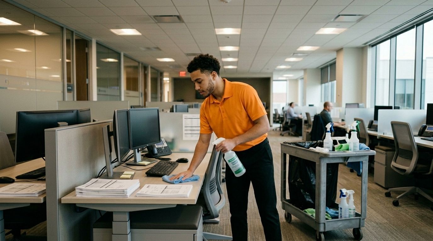 Professional, cleaner, disinfecting office workstation in financial institution, Chaska, MN