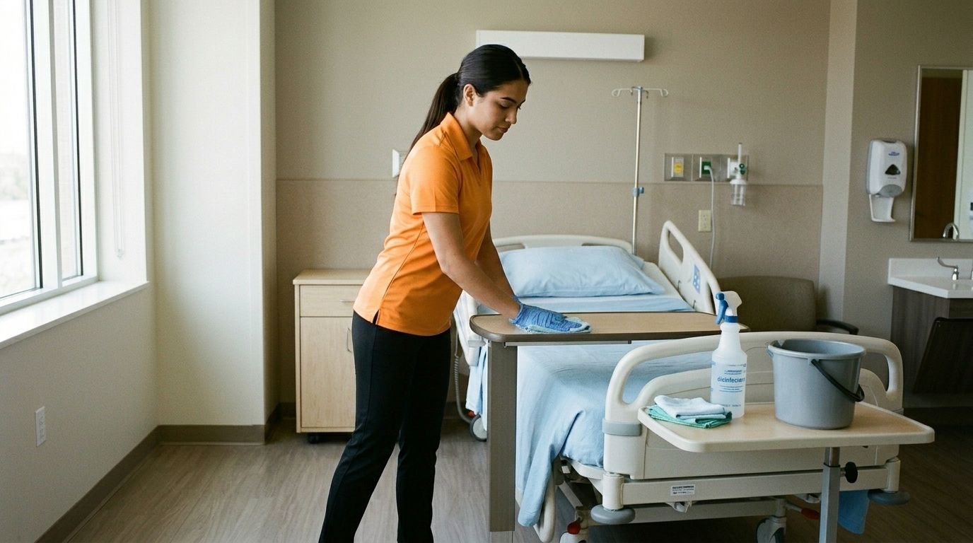 Professional cleaner disinfecting patient room overbed table near hospital bed Chaska, MN