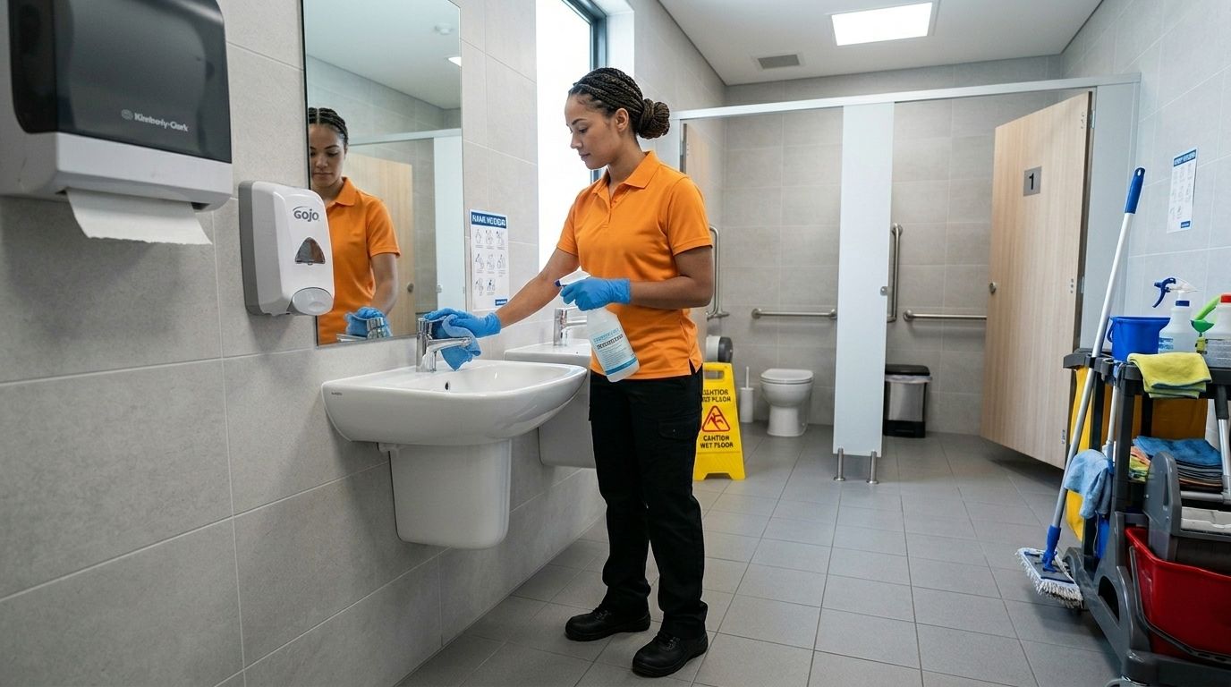 Professional cleaner disinfecting restroom sink and mirror in a medical facility, Chaska, MN