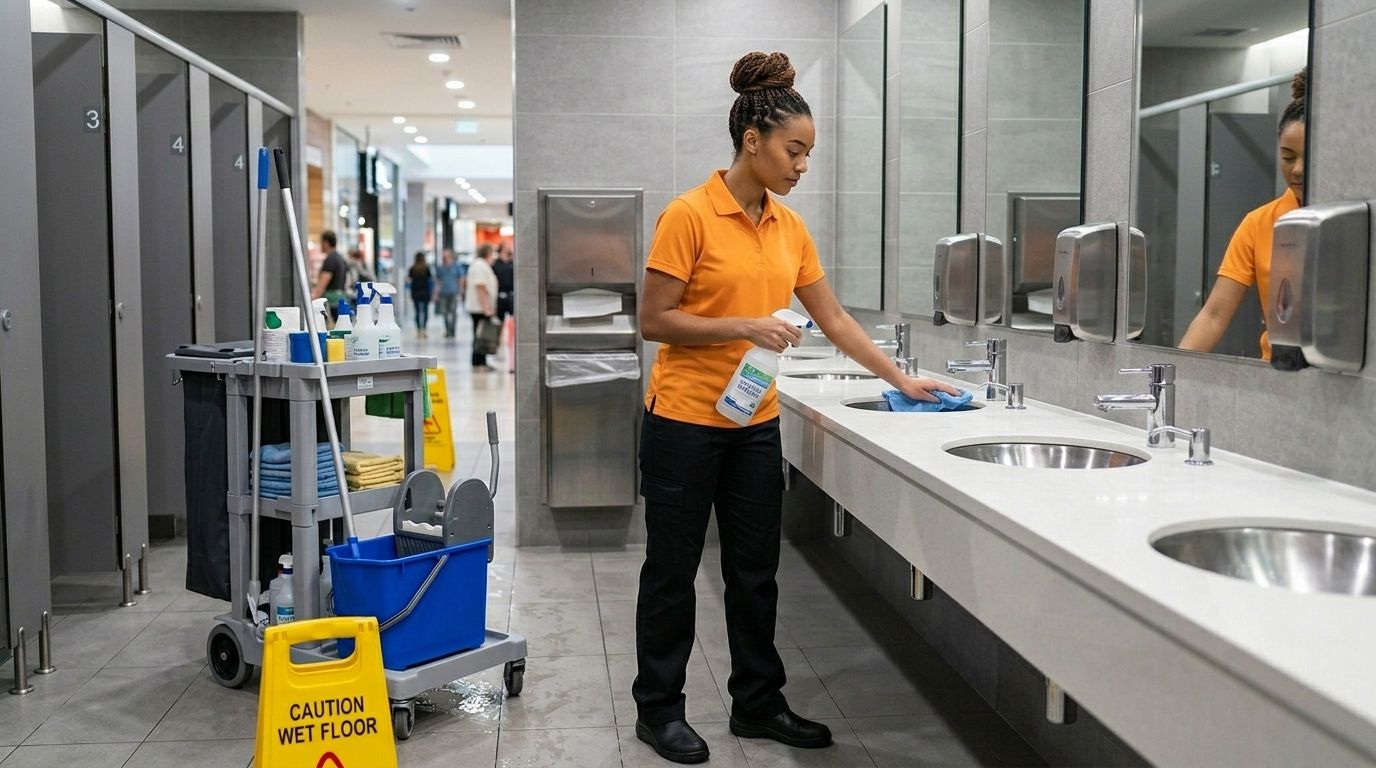 Professional cleaner disinfecting restroom sink counter in shopping center, Chaska, MN
