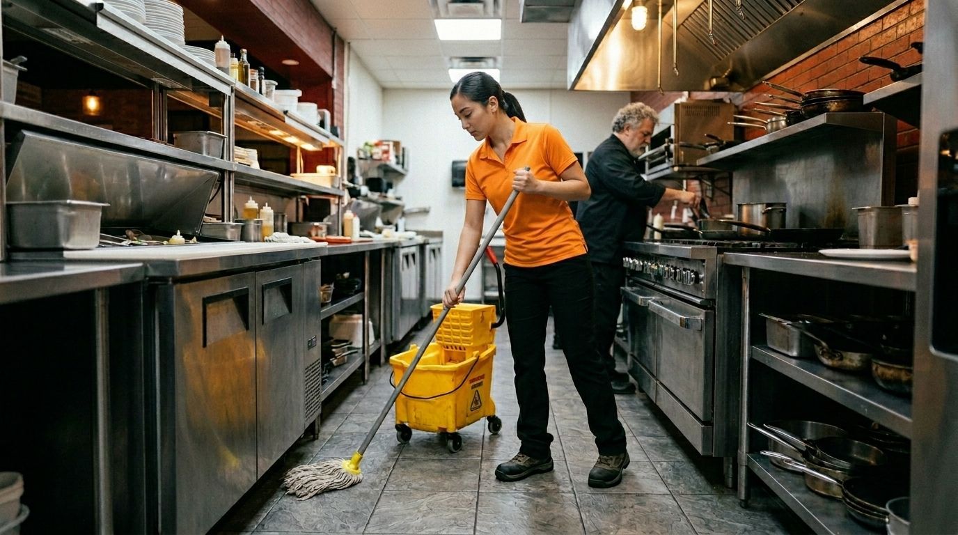 A professional cleaner mopping a commercial kitchen floor near stainless steel prep counters Chaska, MN
