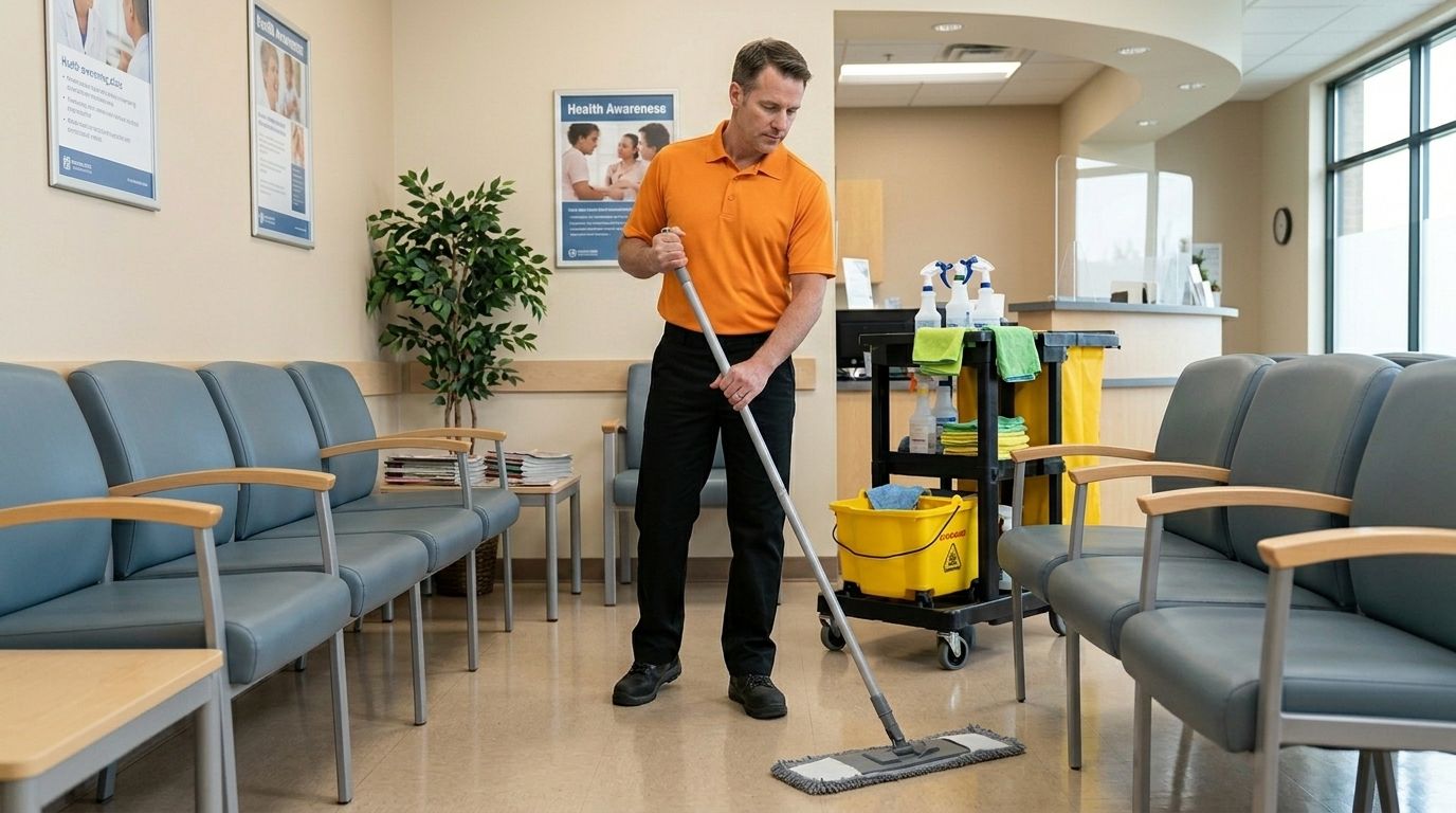 Professional cleaner mopping medical waiting room floor between patient chairs, Chaska, MN