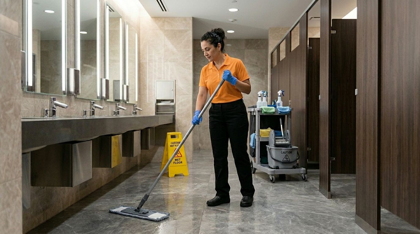 Professional cleaner mopping restroom floor in financial institution facility, Chaska, MN