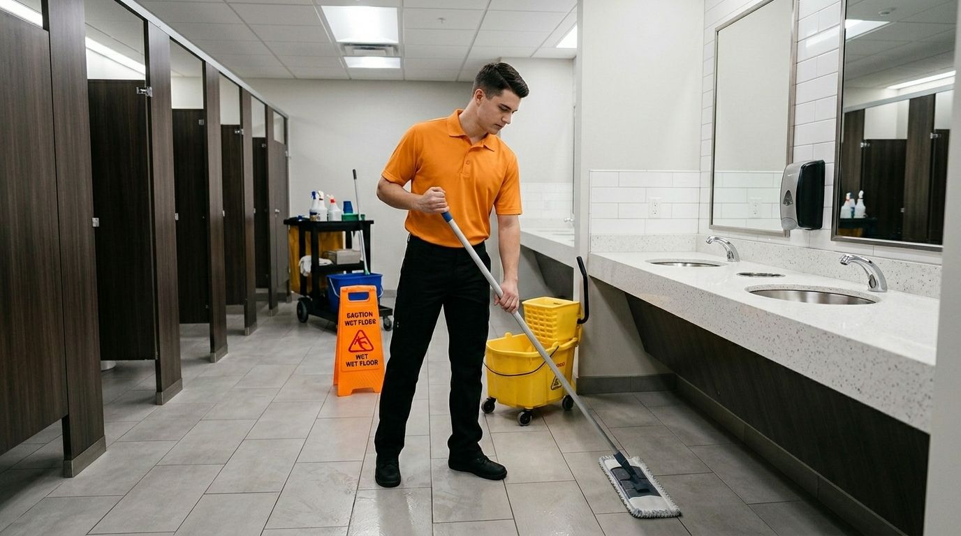 Professional cleaner mopping restroom floor near sinks, stalls, and wet floor sign Chaska, MN