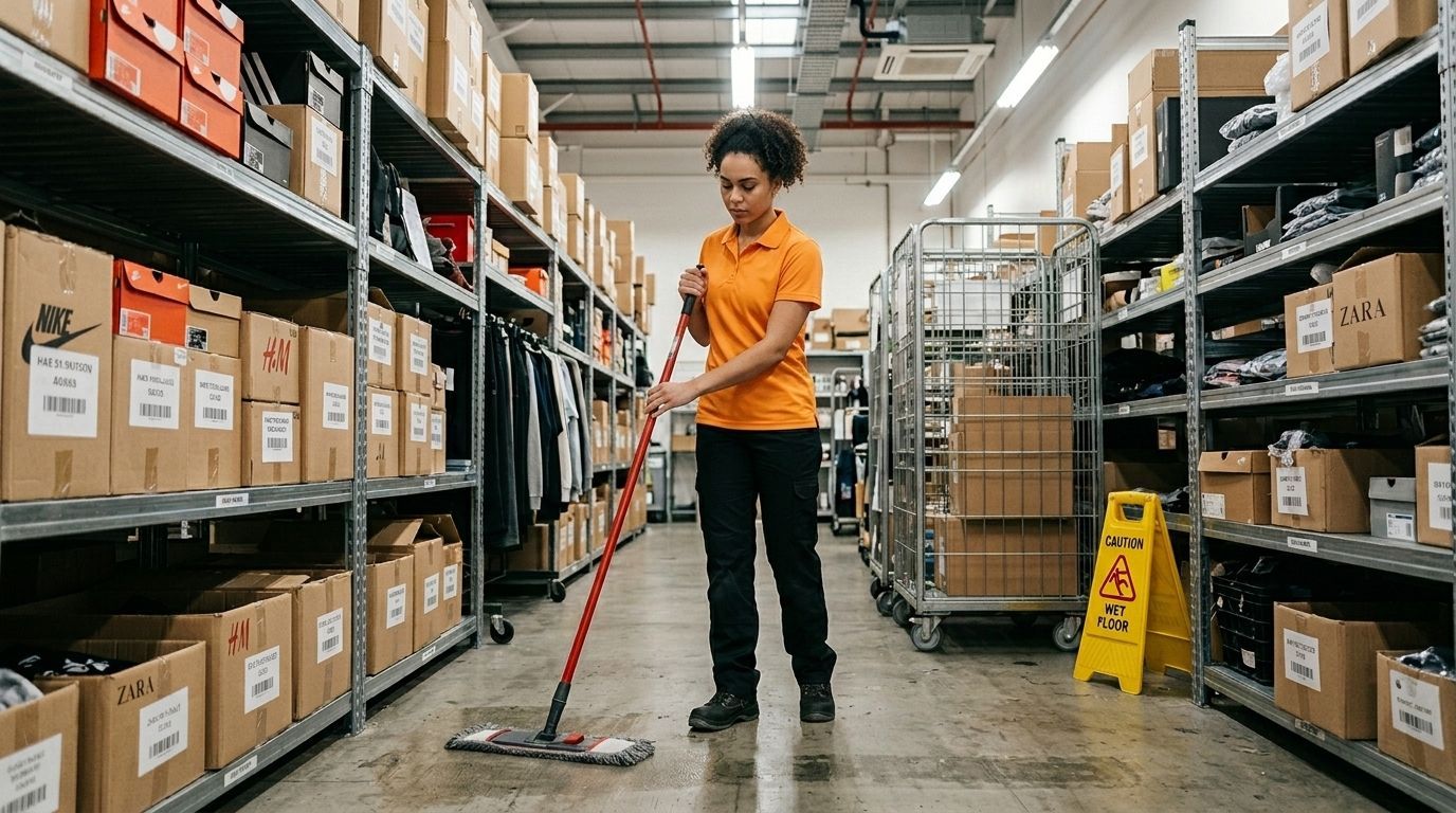 Professional cleaner mopping stockroom floor in retail storage area, Chaska, MN