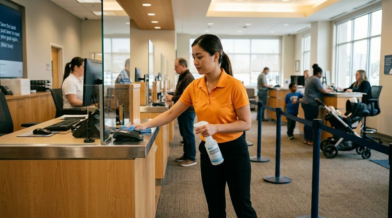 Professional cleaner sanitizing teller counter in financial institution lobby Chaska, MN