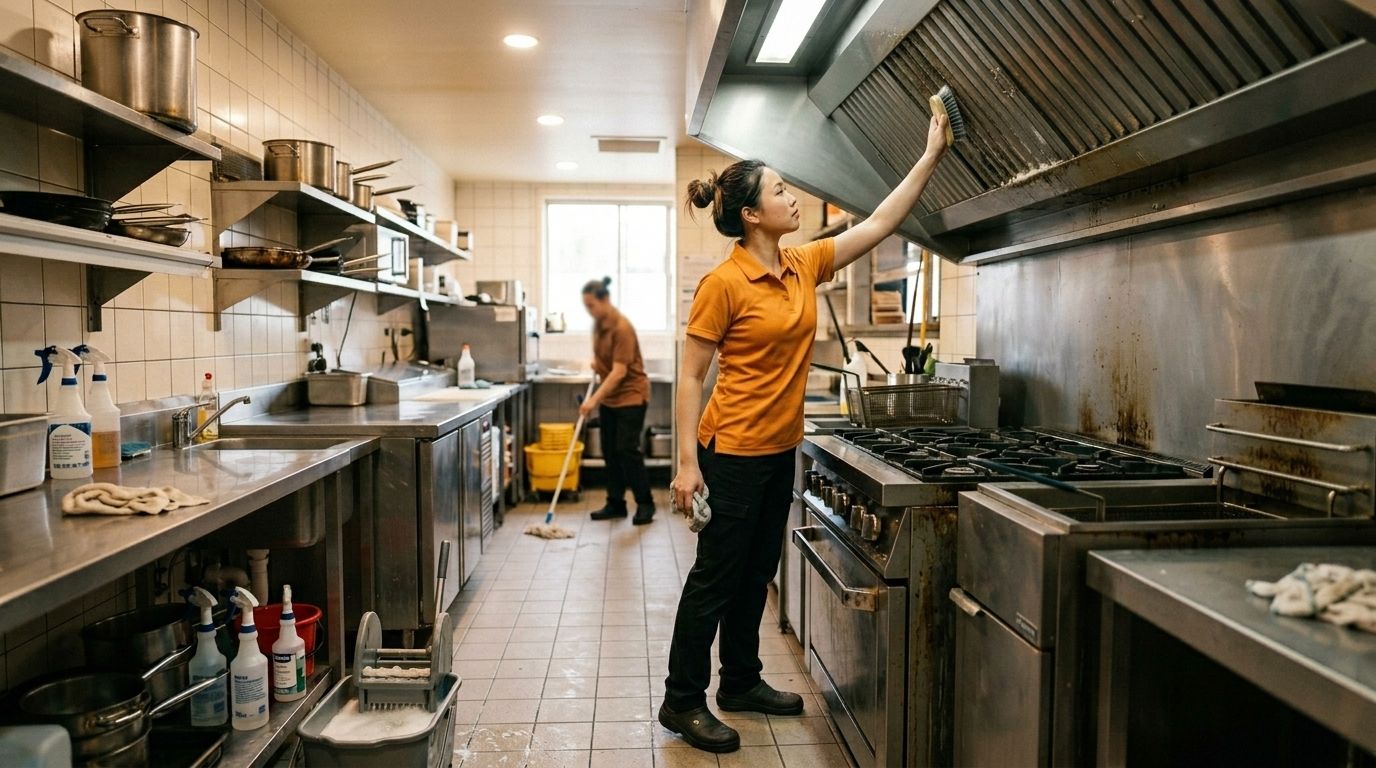 A professional cleaner scrubbing a commercial kitchen exhaust hood above cooking equipment Chaska, MN