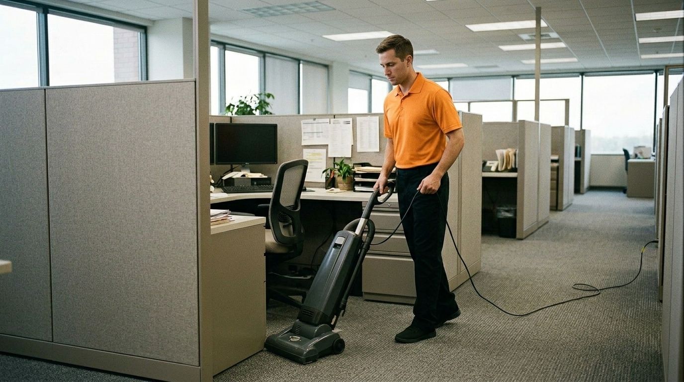 Professional cleaner vacuuming carpet between office cubicles and workstations Chaska, MN