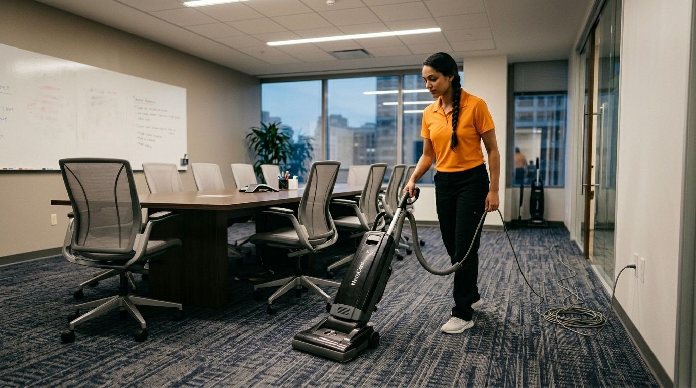 A professional cleaner vacuuming carpet in a conference room with office chairs and glass walls, Chaska, MN