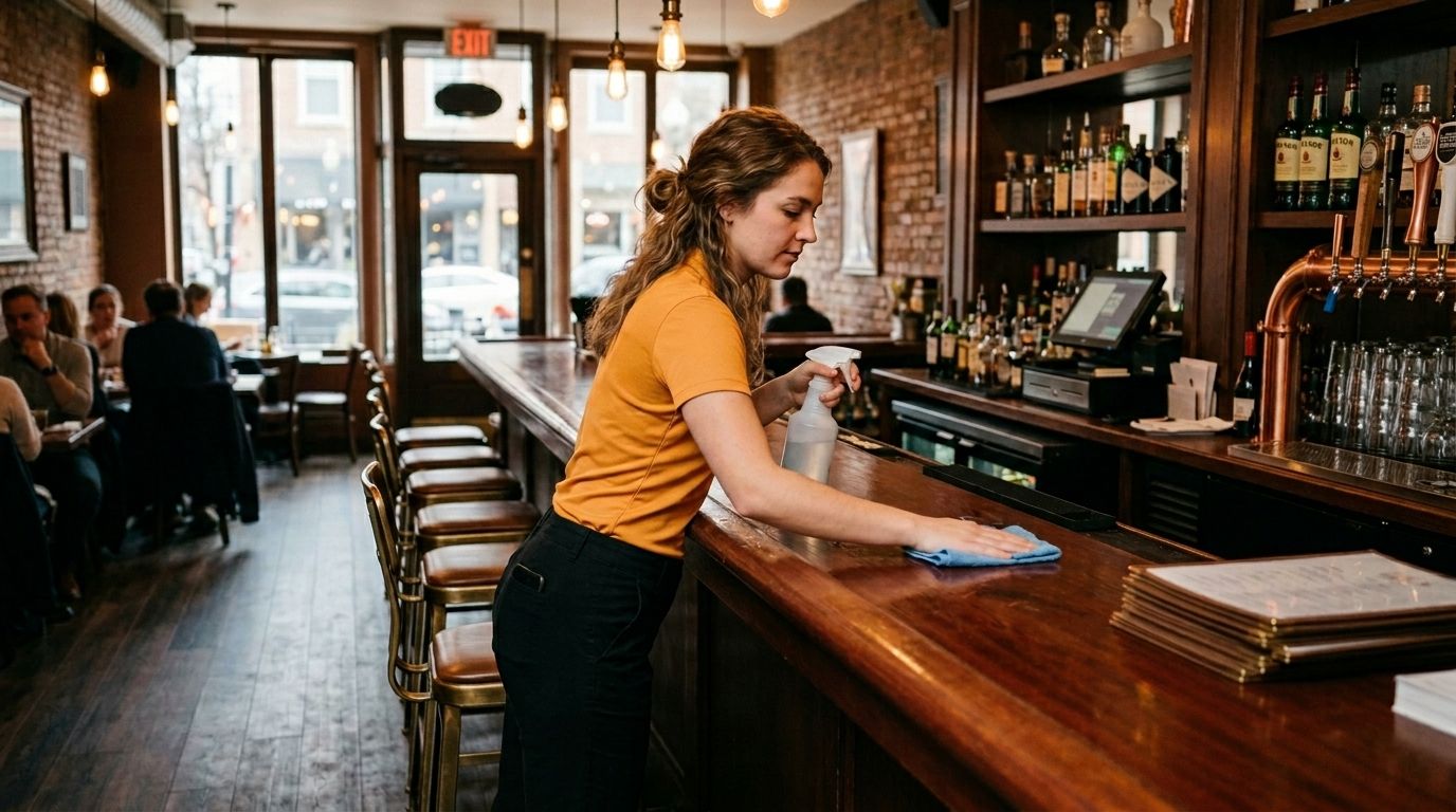 A professional cleaner wiping a restaurant bar counter with a spray bottle and a microfiber cloth in Chaska, MN.
