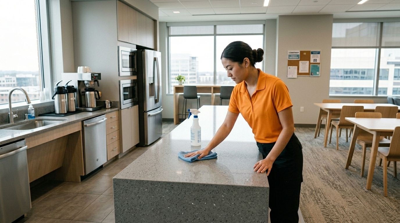 A professional cleaner wiping breakroom island countertop with spray bottle in office kitchen Chaska, MN