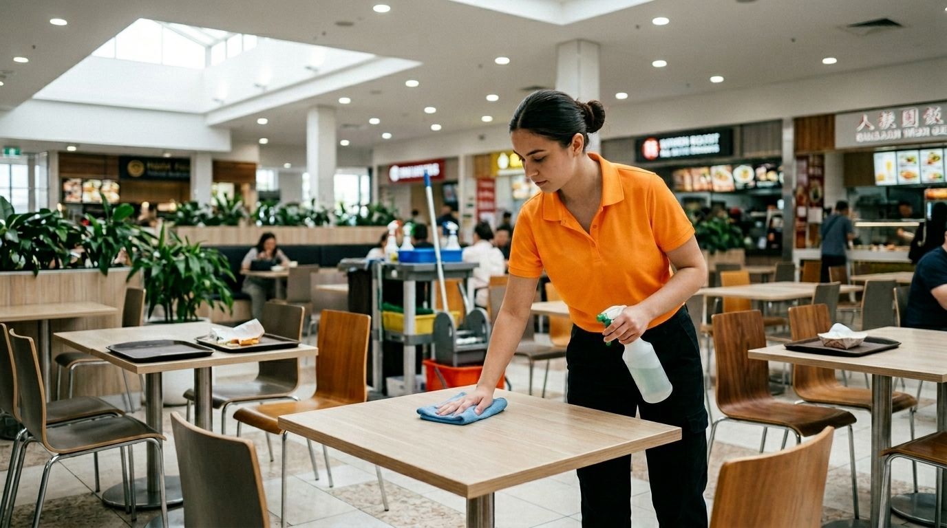 Professional cleaner wiping dining table in shopping center food court, Chaska, MN