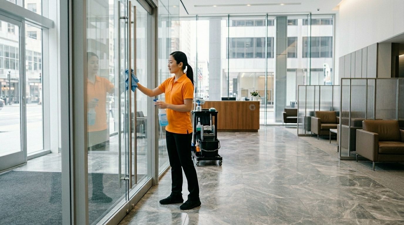 Professional cleaner wiping glass entry door in financial institution lobby, Chaska, MN