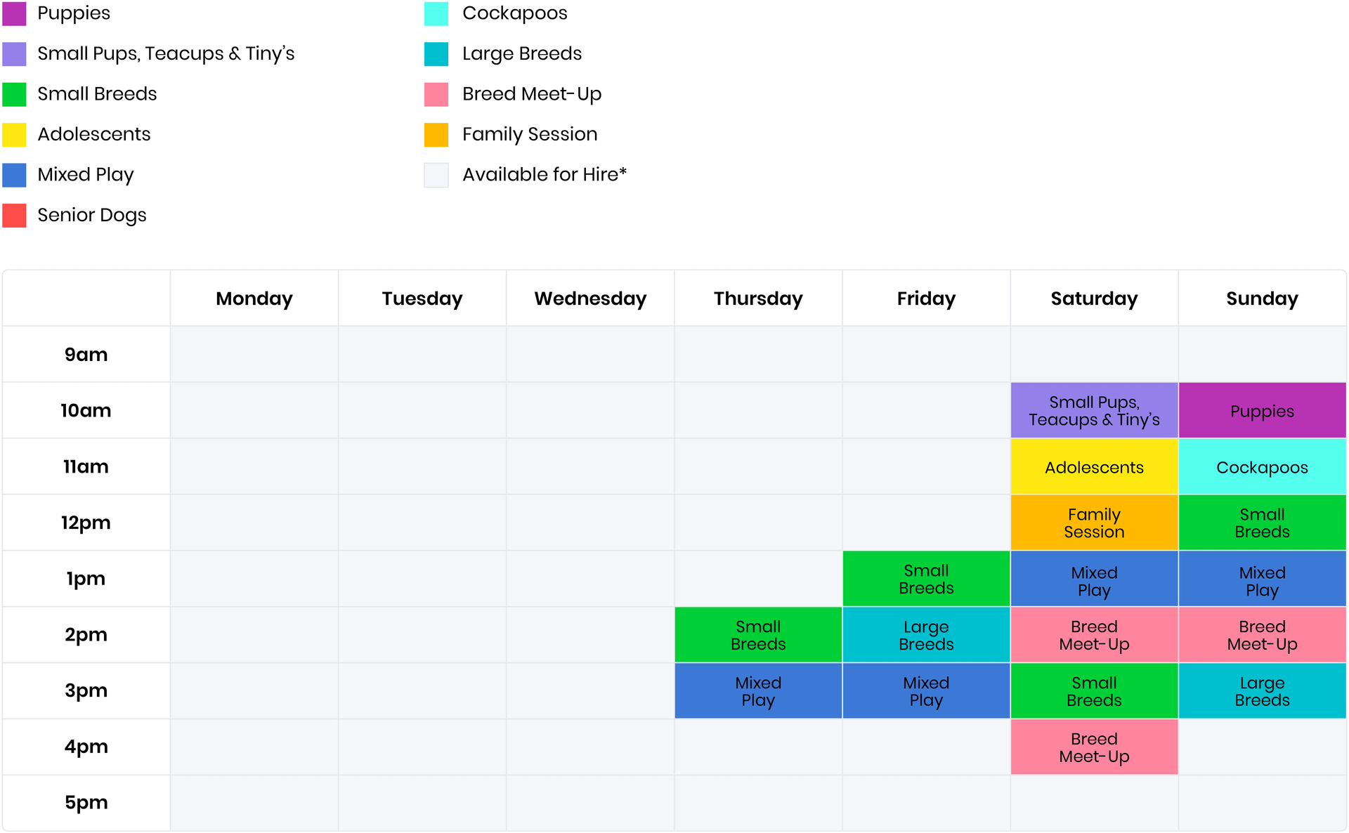 A timetable of scheduled and empty booking slots. 