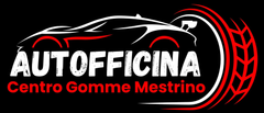 Logo AUTOFFICINA su sfondo nero, bianco e rosso con sagoma di auto e grafica di pneumatico, 