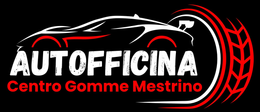Logo AUTOFFICINA su sfondo nero, bianco e rosso con sagoma di auto e grafica di pneumatico, 