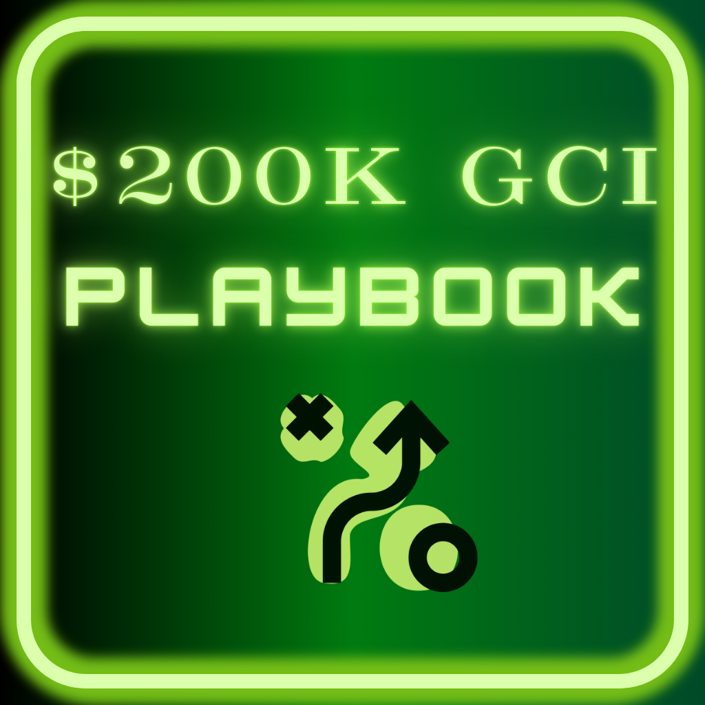 Neon green square logo reading “$200K GCI PLAYBOOK” with a stylized golf icon.