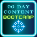 Neon blue “90 Day Content Bootcamp” sign with a target icon on a dark background.