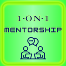 Bright green square icon with “1-ON-1 MENTORSHIP” text and two people talking at laptops