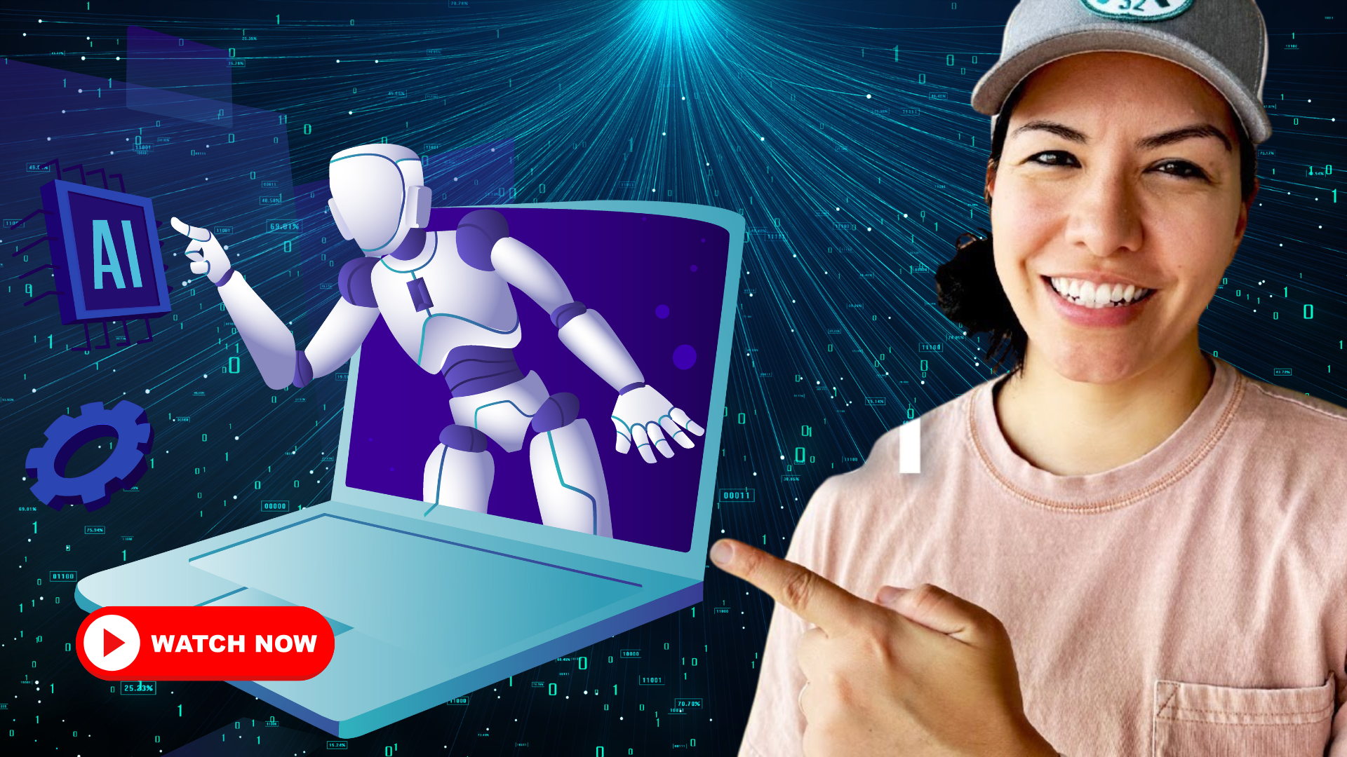 Woman pointing at AI robot on laptop screen with digital icons and a red “Watch Now” button