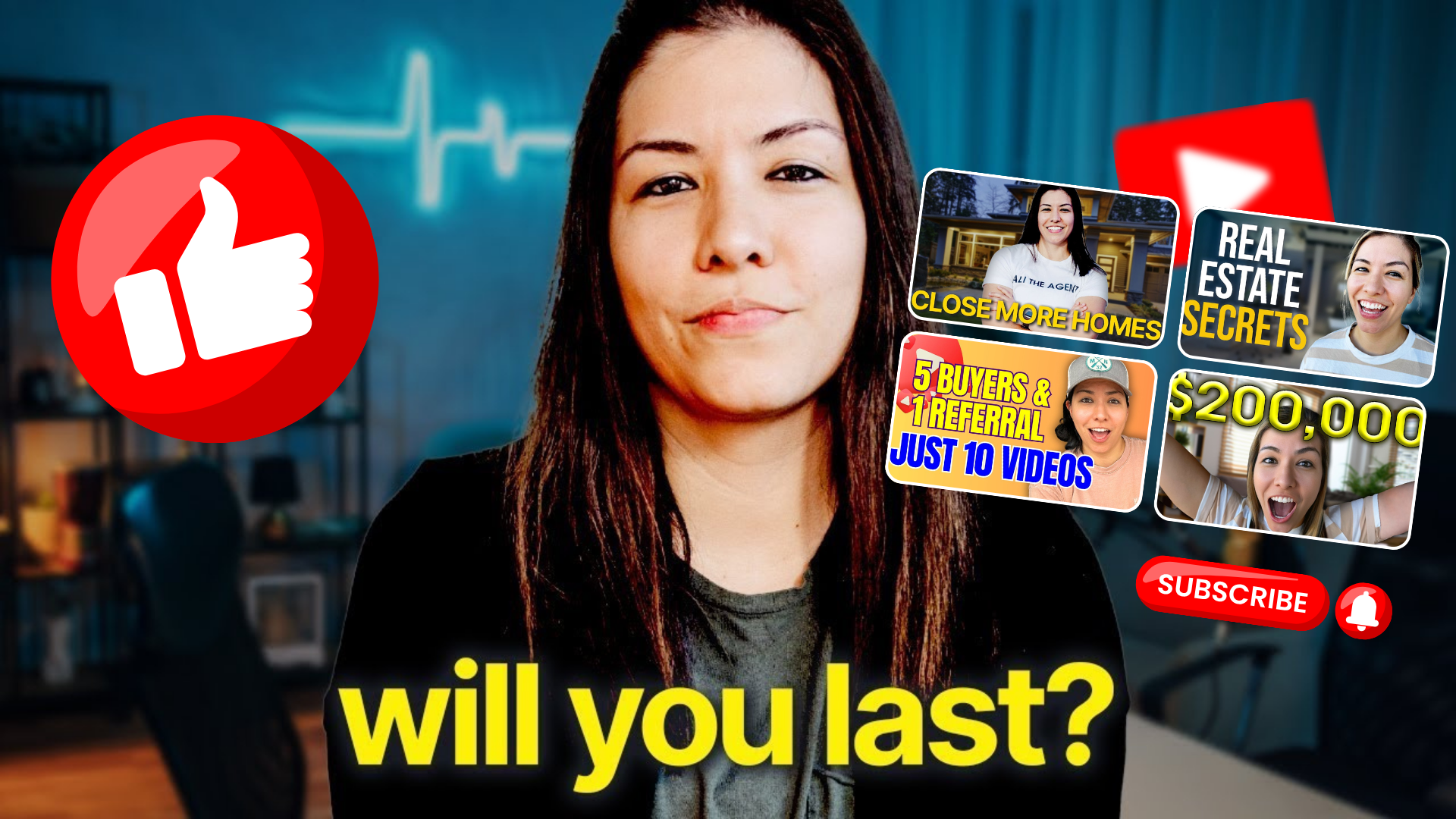 Woman with “will you last?” text, thumbs-up icon, and real estate-themed thumbnails on a blue background