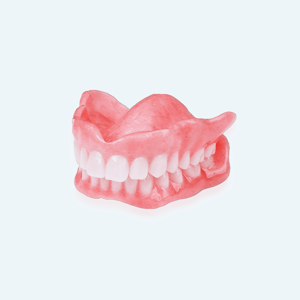False teeth, pink gums, white teeth.