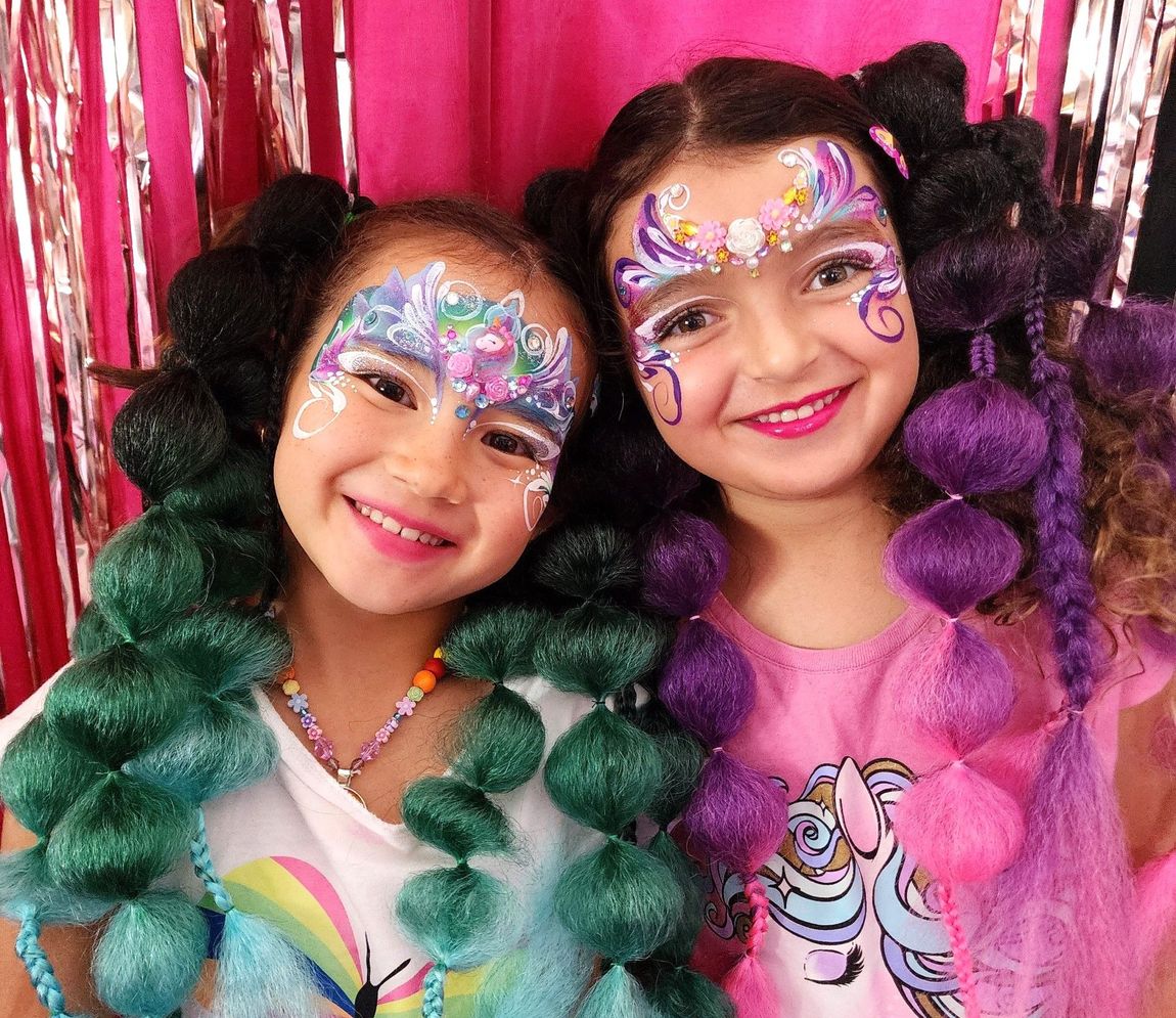 hairstyle, dreads , gems crystal stickers, face painting, kids manicure