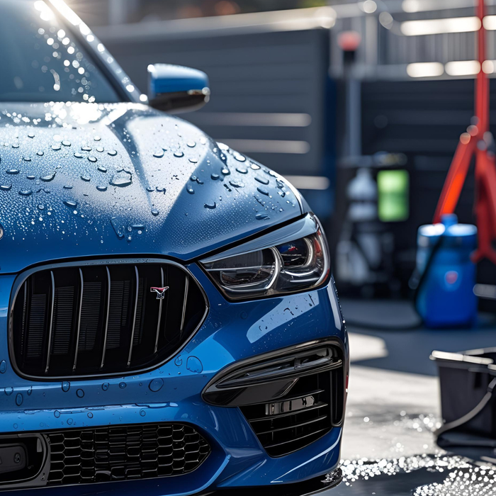 A man with tattoos is washing a car in a garage.