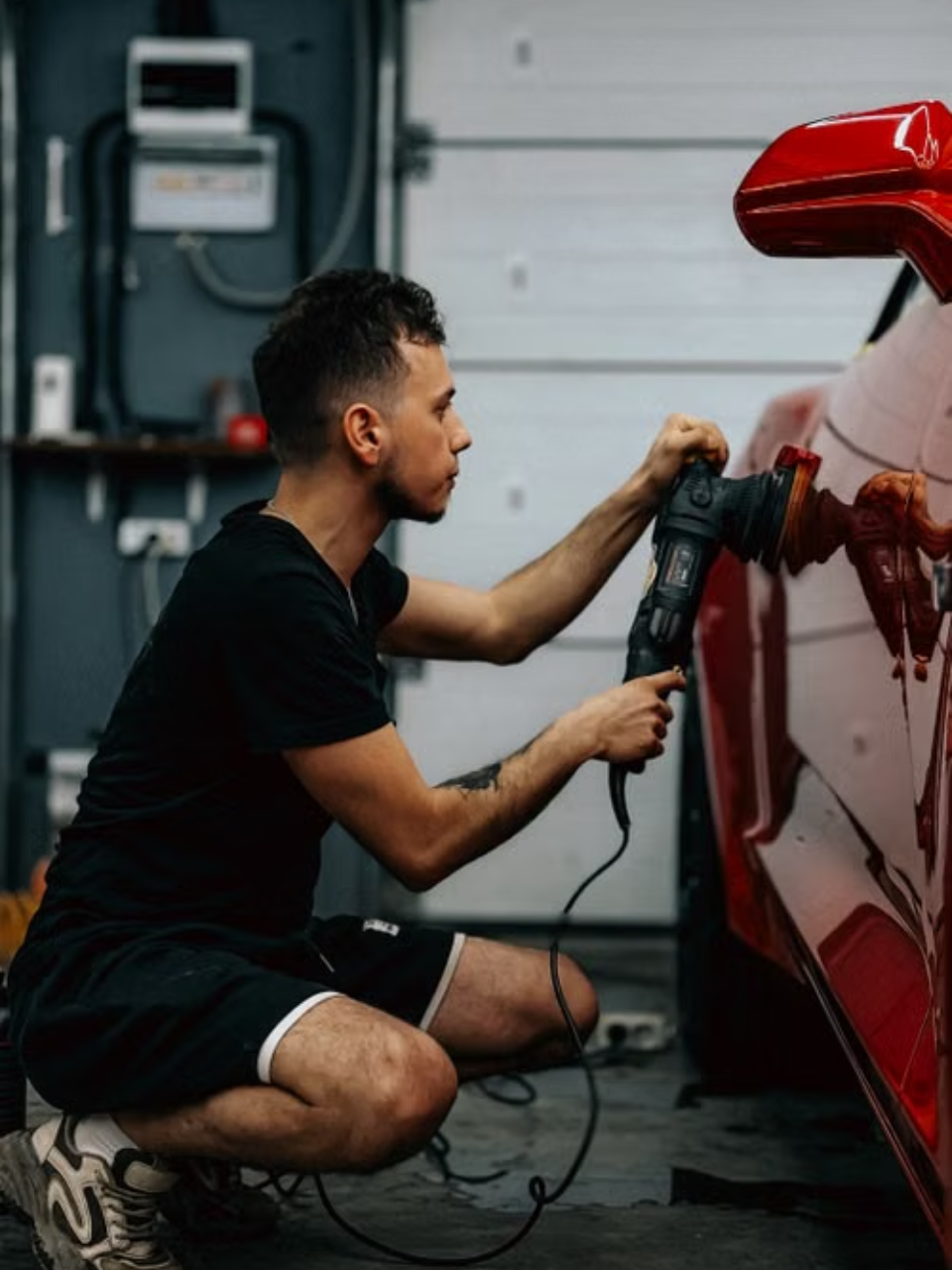 A car is being washed with a high pressure washer in a garage.