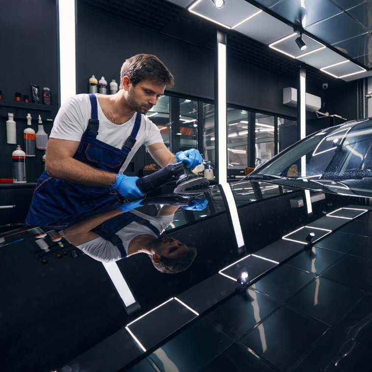 A detailer in a black uniform and cap uses a foam-covered mitt to wash a soap-covered car in a garage.