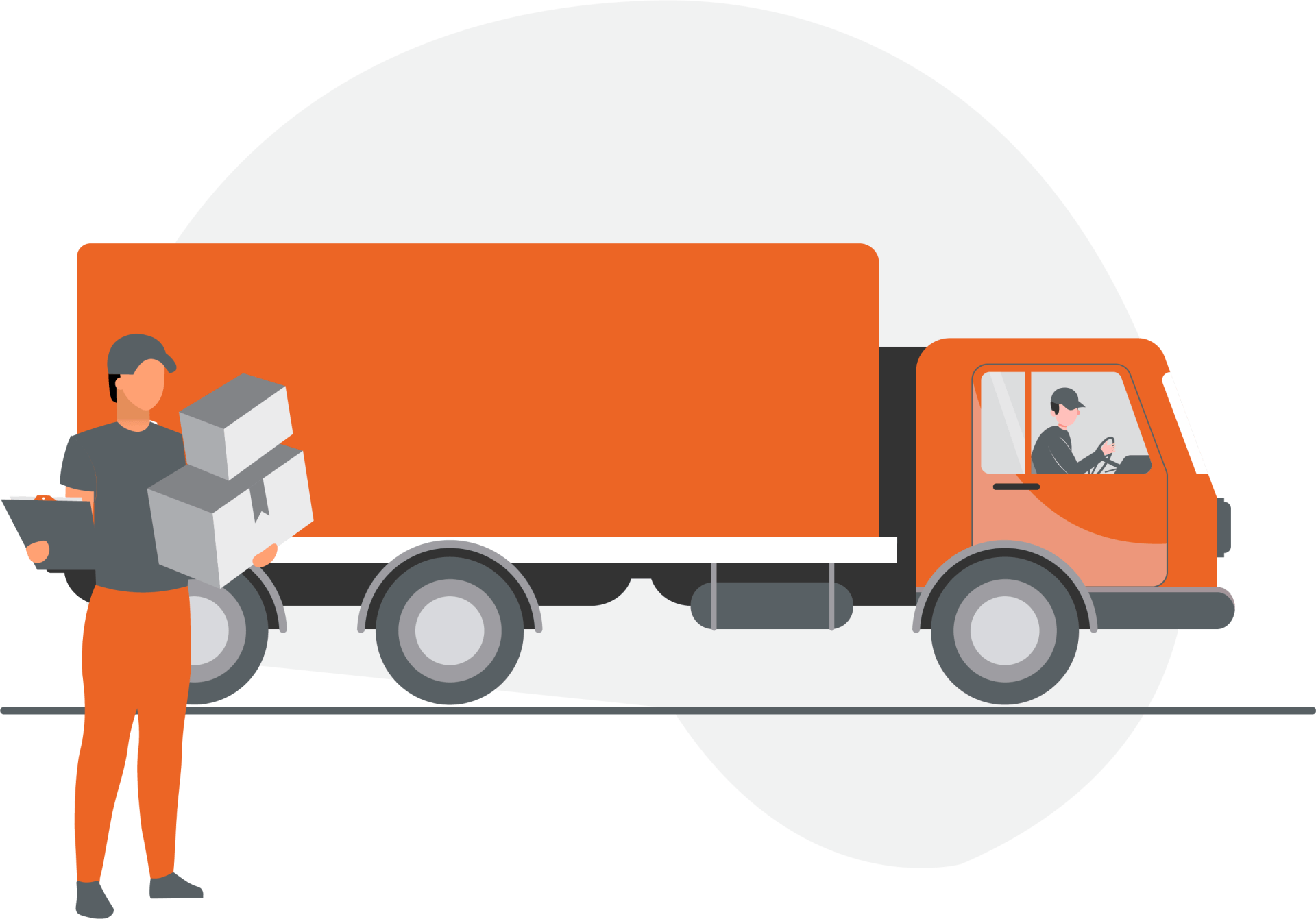 A person holding boxes loads an orange truck; a driver sits in the cab.