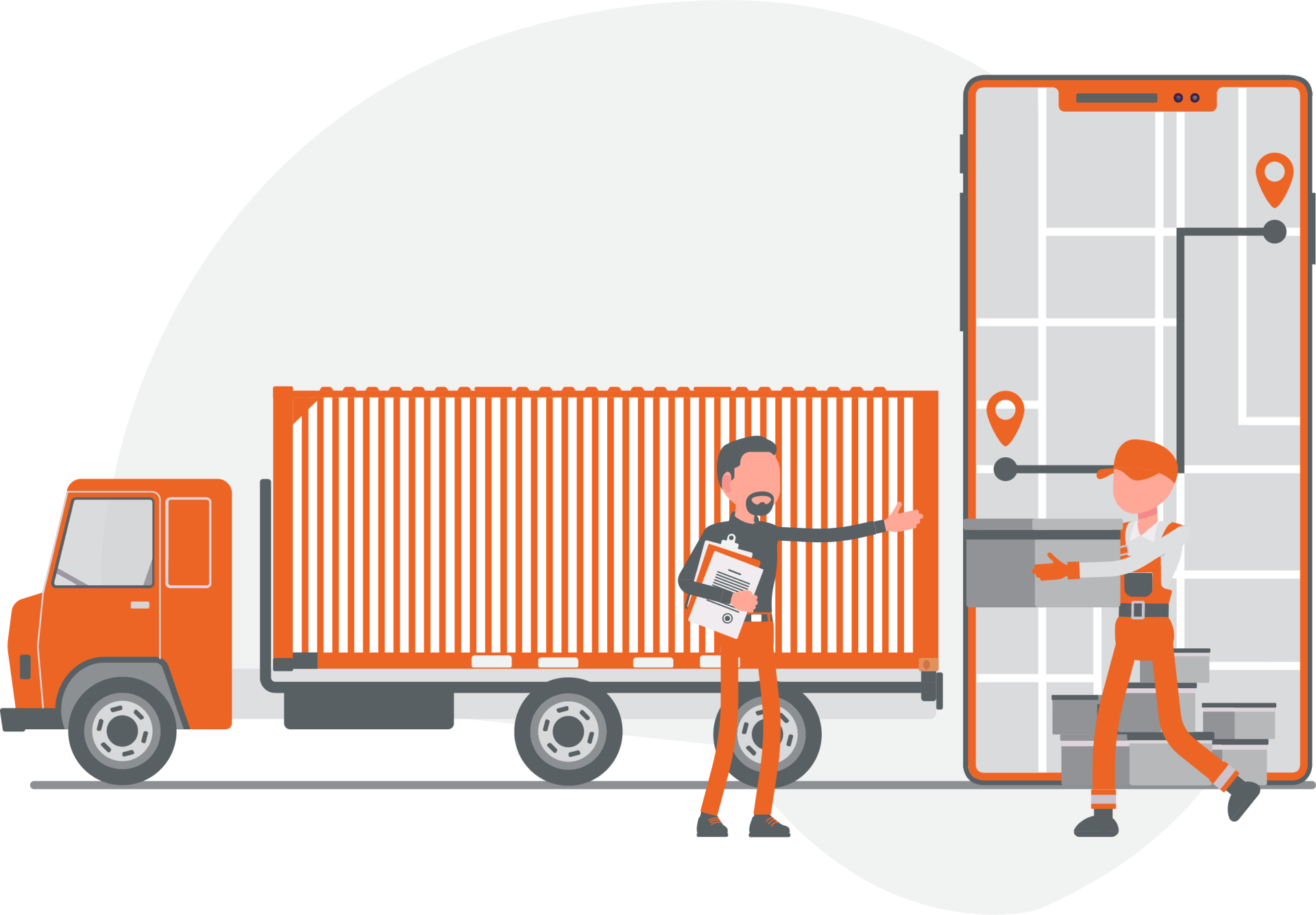 Orange truck with cargo, two people near it, one pointing, and a phone displaying a map.