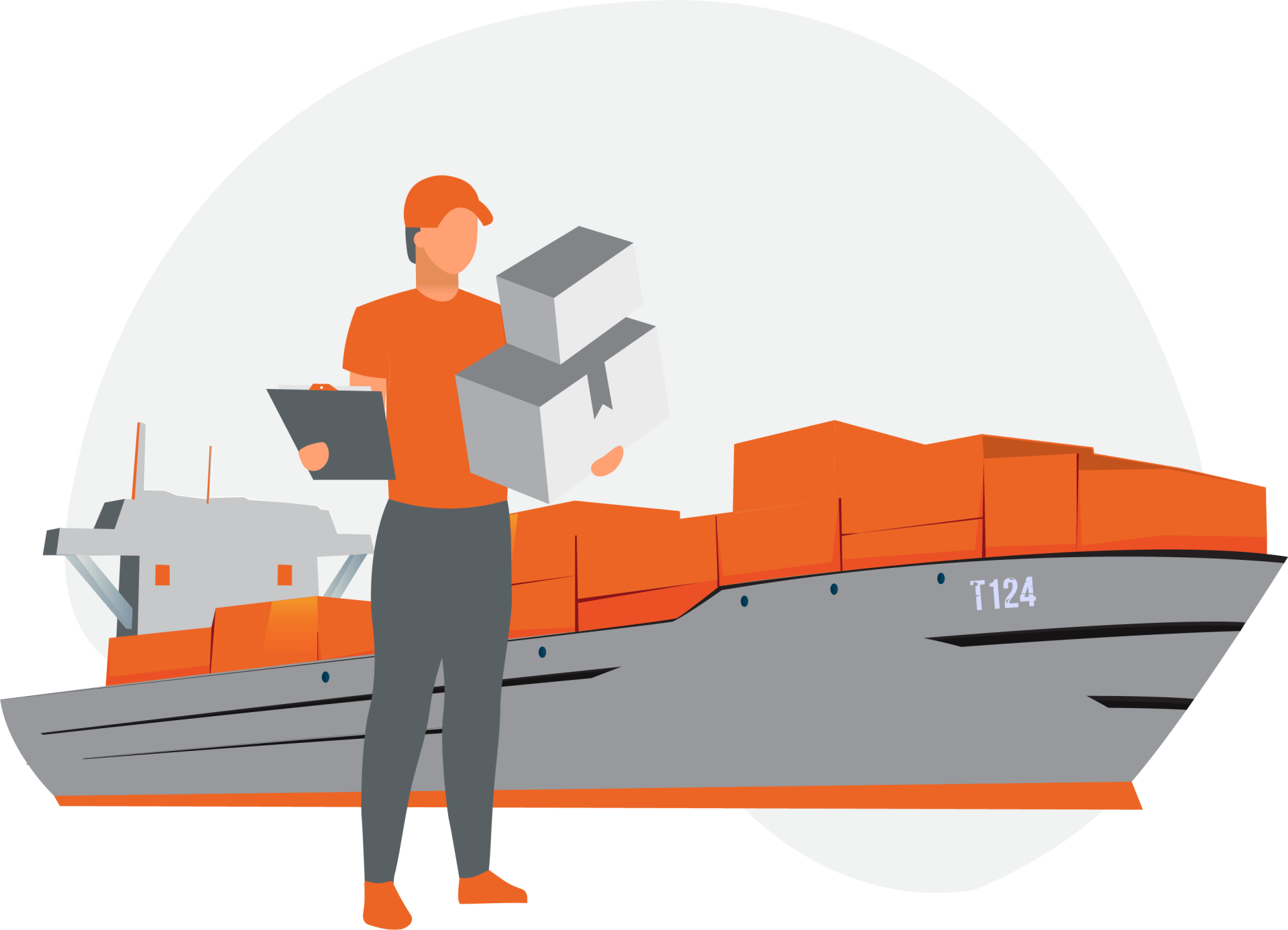 Shipping worker holding boxes near cargo ship. Orange and gray colors.