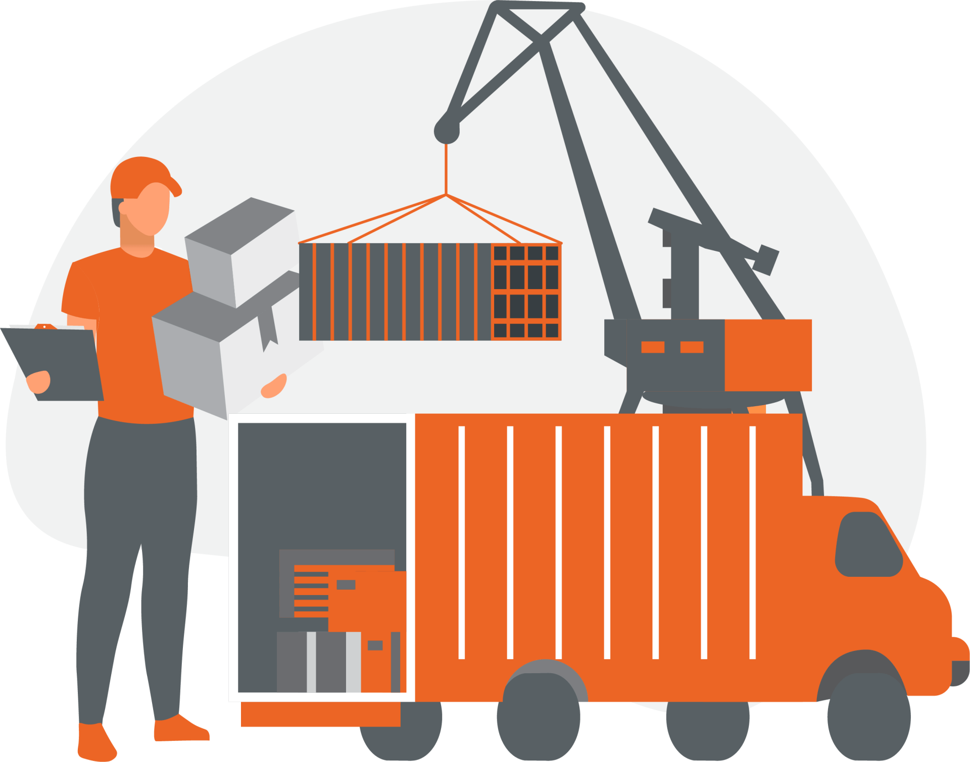 Man supervising cargo being loaded onto a truck with a crane.