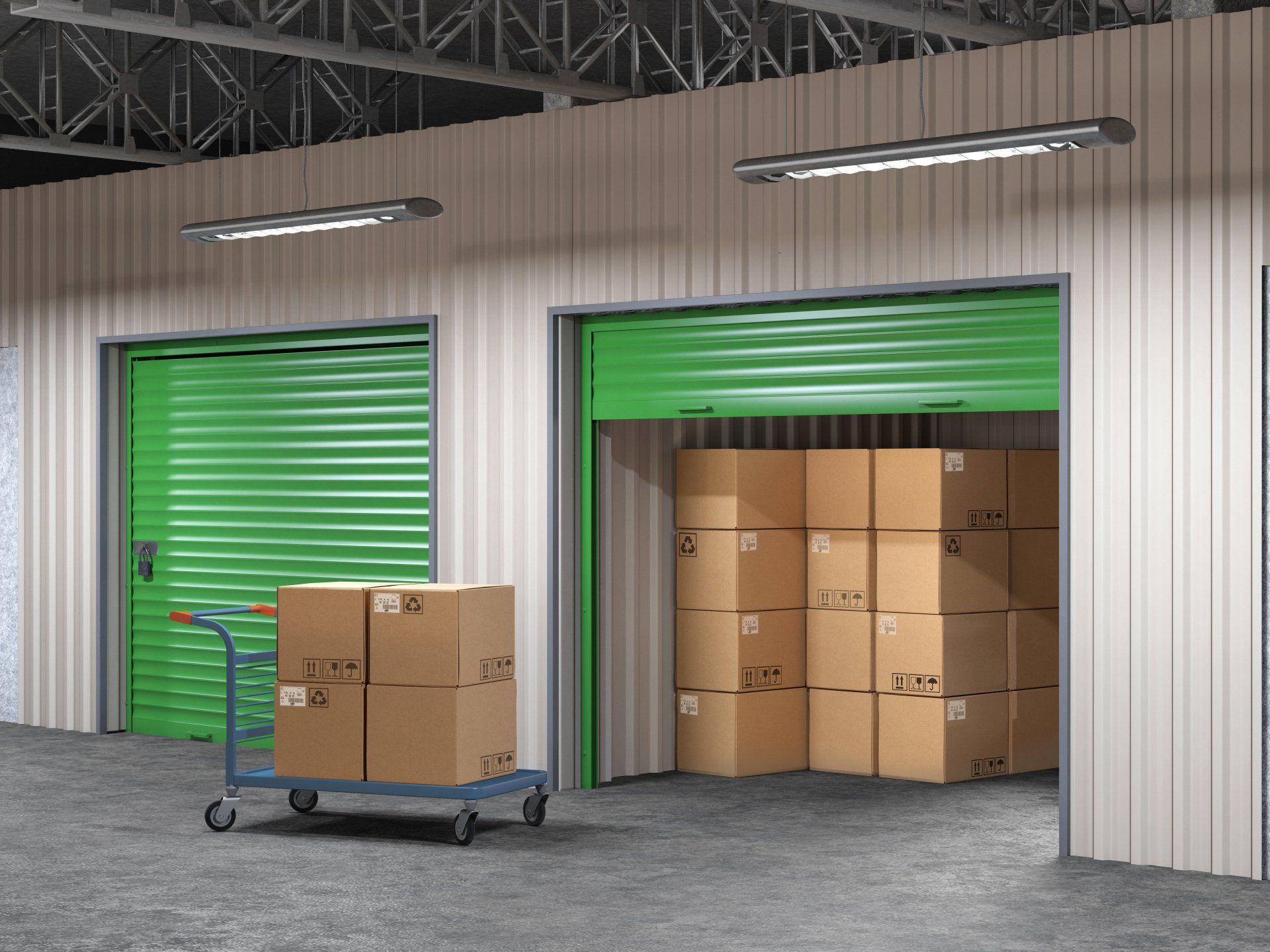 Storage units with a green door open revealing stacked cardboard boxes. A dolly holds boxes nearby.