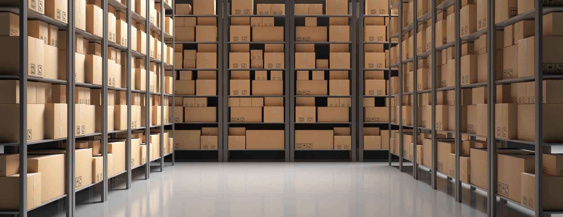 Warehouse interior with metal shelving filled with cardboard boxes.
