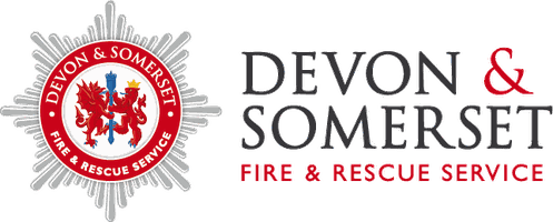Logo of Devon & Somerset Fire & Rescue Service: emblem of a red and silver crest with the words