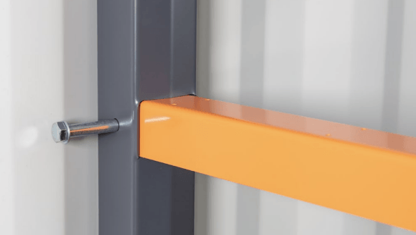 Orange shelf beam connected to a grey support with a bolt.