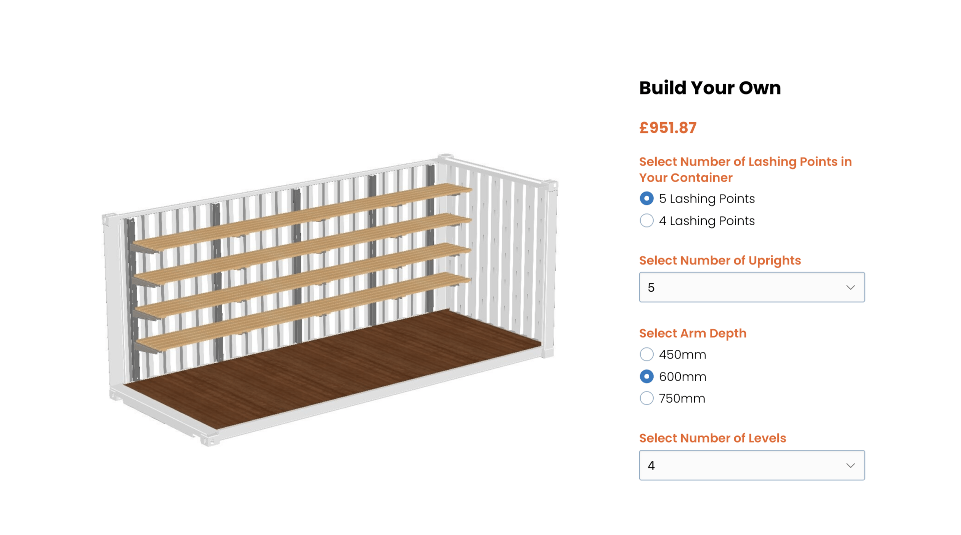 A customizable storage container with shelves. Options for shelf placement, heights, and depths are displayed.