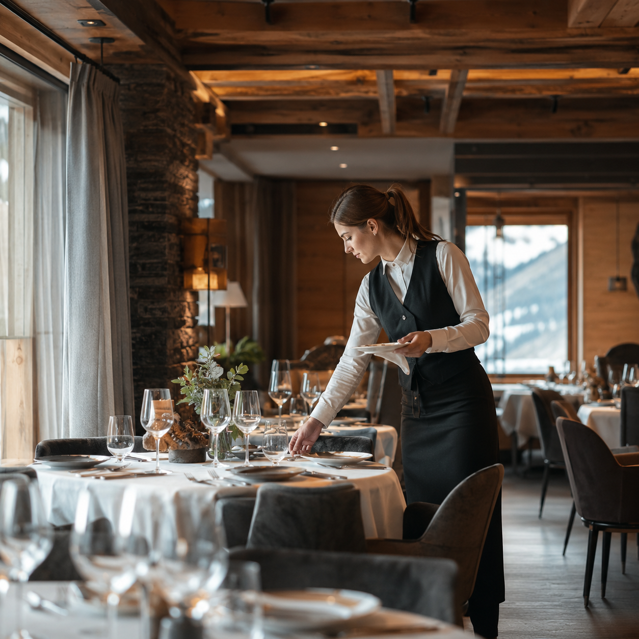 Ein Kellner deckt den Tisch in einem gemütlichen, holzgetäfelten Restaurant.