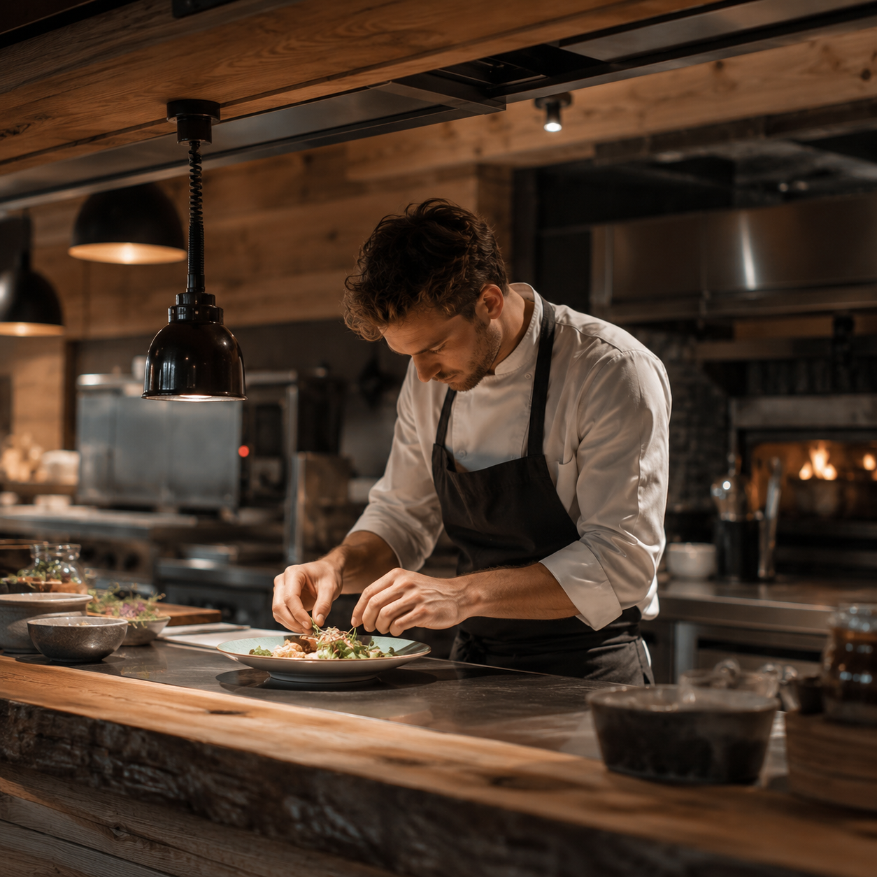 Ein Koch richtet ein Gericht in einer warmen, modernen Restaurantküche an.