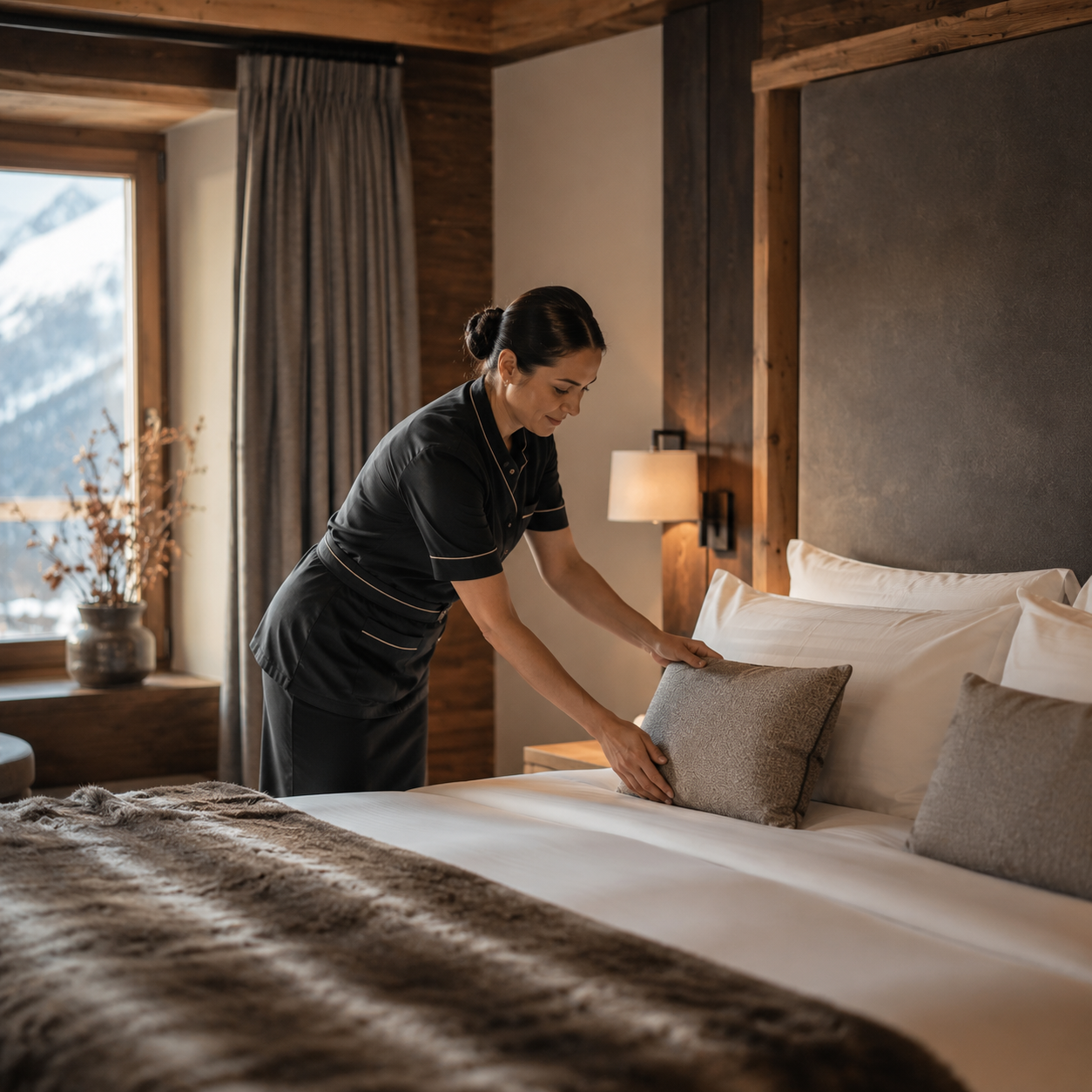 Eine Zimmermädchen macht ein Bett in einem gemütlichen Hotelzimmer mit warmen Holzelementen und sanfter Beleuchtung.