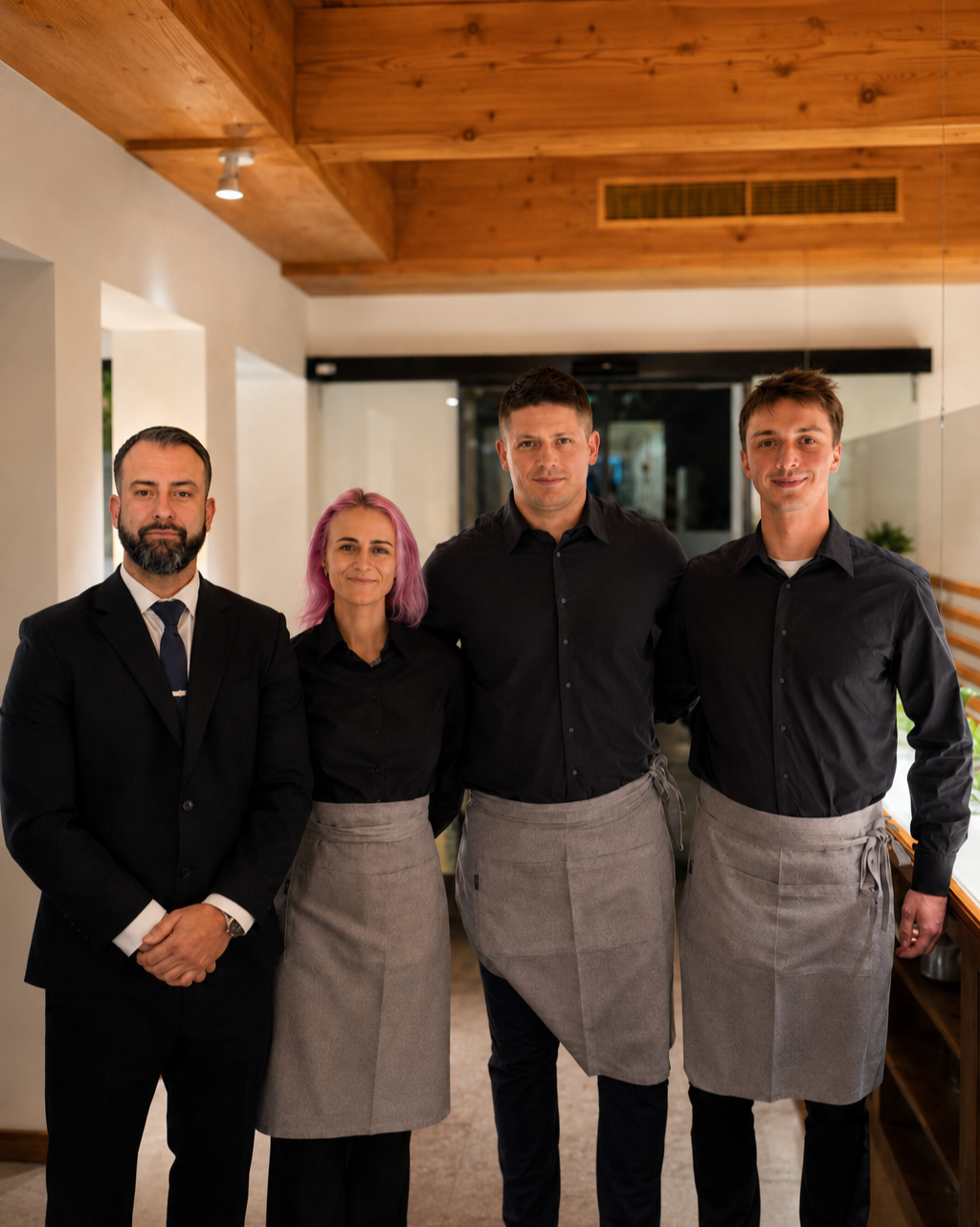 Four staff members in black shirts and gray aprons stand indoors under a wooden ceiling.